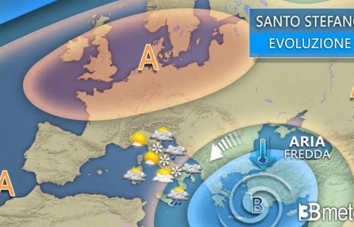 Vorabend, Weihnachten und Boxing Day mit Regen, Wind, Kälte und Schnee in geringer Höhe. Hier ist „3B Meteo