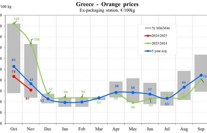 Die Orangenpreise schwanken, mit einem Rückgang von 41 % in Griechenland und einem Anstieg von 9 % in Italien im November 2024.