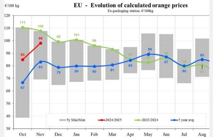 Die Orangenpreise schwanken, mit einem Rückgang von 41 % in Griechenland und einem Anstieg von 9 % in Italien im November 2024.