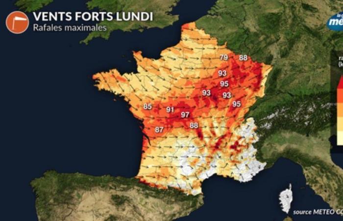 Sturm und starker Wind am Montag mit 100 km/h in Frankreich