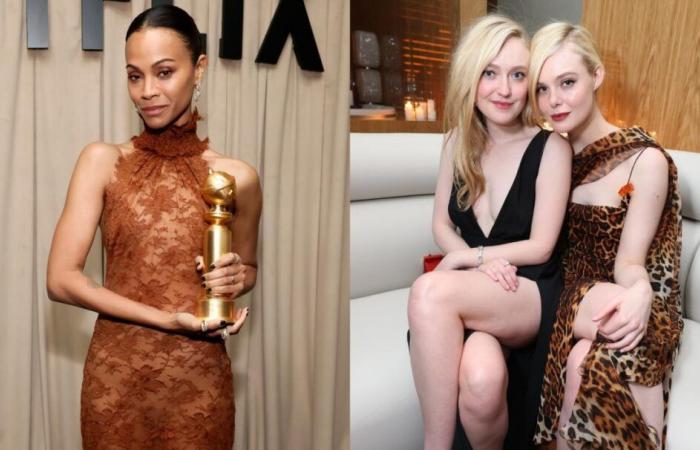 Zoe Saldaña trägt ein transparentes Spitzenkleid, Elle Fanning bevorzugt Animal-Print und weitere Golden Globes 2025 After-Party-Looks