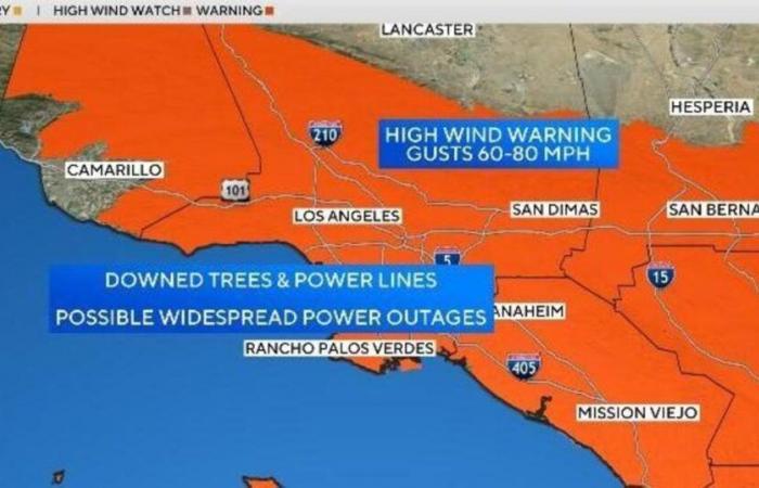 Windkarten von Los Angeles zeigen, wo starke Böen zu erwarten sind