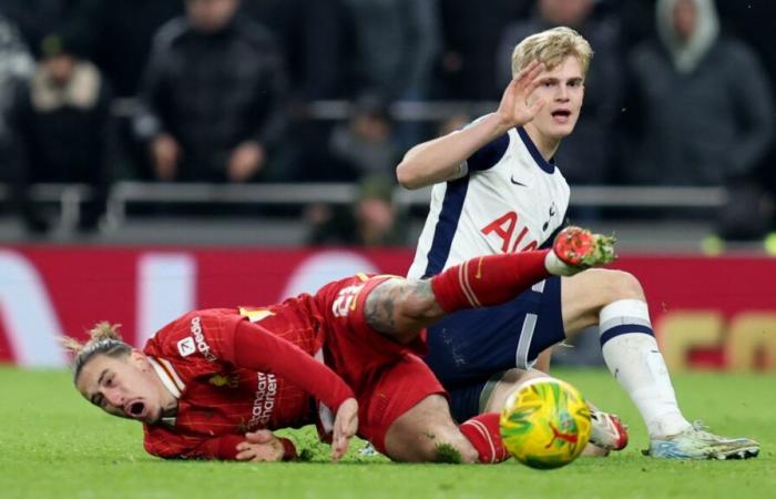 Liverpools Arne Slot und Virgil van Dijk sind frustriert, nachdem Lucas Bergvall von Tottenham vor dem Siegtreffer die rote Karte verpasst hat