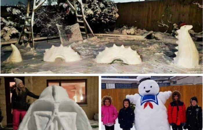 Nessie, Darth Vader und Ghostbusters Stay Puft Marshmallow Man unter den Schneemannkreationen von Mama in Blackburn, West Lothian; Der Bau des Monsters von Loch Ness dauerte drei Stunden