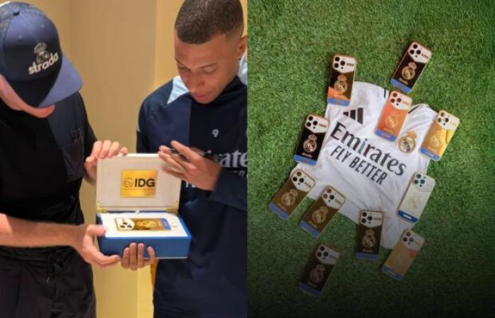 Als Mbappé sein neues personalisiertes goldenes Smartphone entdeckt