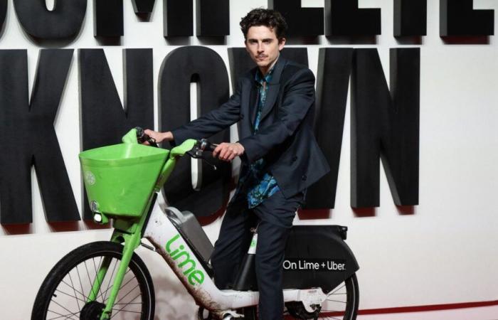 Timothée Chalamet kommt in einem Elektrofahrrad und einem Hawaiihemd auf dem roten Teppich von A Perfect Stranger an