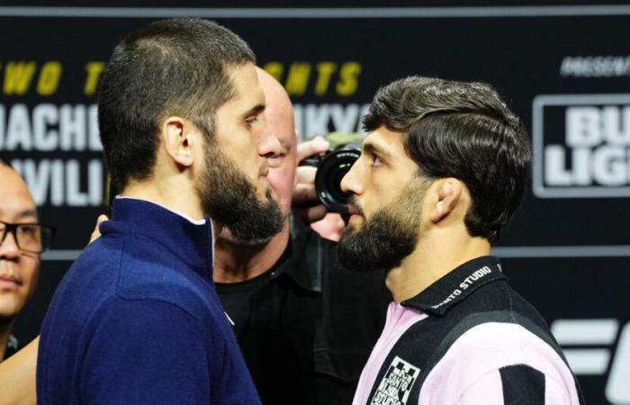 Sehen Sie, wie sich Islam Makhachev und Arman Tsarukyan vor UFC 311 ein intensives Duell liefern