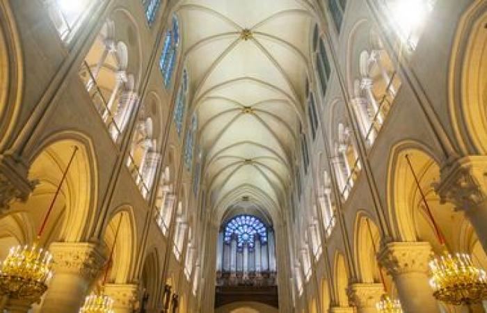 Rund hundert Handwerker und Unternehmer, die an der geschmückten Baustelle von Notre-Dame de Paris beteiligt waren