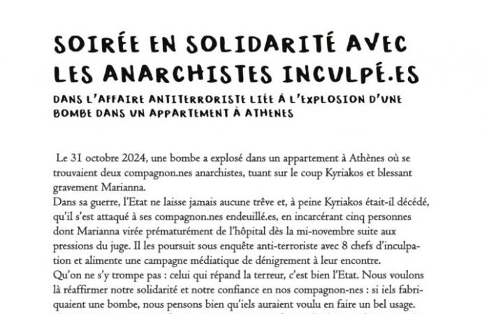 Abend in Solidarität mit Anarchisten, die im Anti-Terror-Fall im Zusammenhang mit der Explosion einer Bombe in einer Wohnung in Athen angeklagt sind.