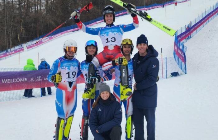 Universität Turin. Gold für Biathlet Nathanael Peaquin, Paul Silvestre braungebrannt im Slalom