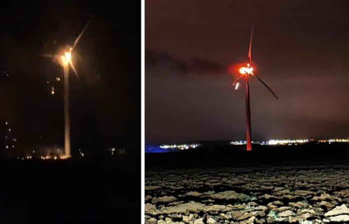 Windturbinenfeuer in der Nähe von Briey gefilmt