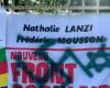 ein Hakenkreuz und ein Davidstern auf einem Banner der Neuen Volksfront in New Aquitaine