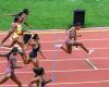 der Amerikaner Masai Russell, viertschnellster Athlet der Geschichte über 100 Meter Hürden während der Olympiaauswahl – Libération