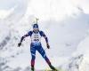 Live – Biathlon. Justine Braisaz-Bouchet als Doppelgängerin, Julia Simon als Jägerin, folgen der Verfolgerin der Damen von Grand-Bornand aus